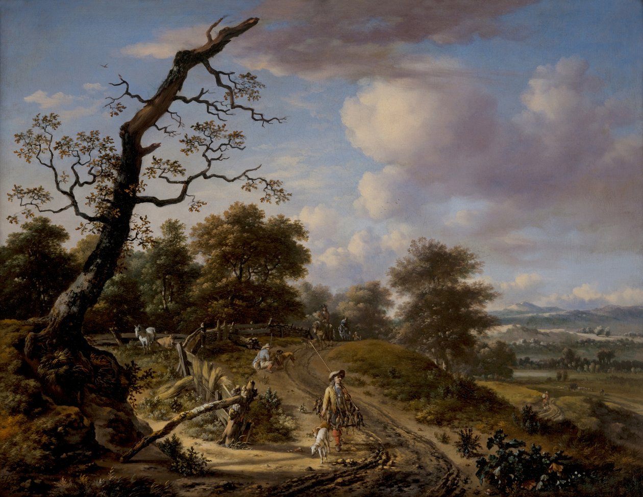 Uma paisagem montanhosa com um grupo de falcões de Jan Wijnants