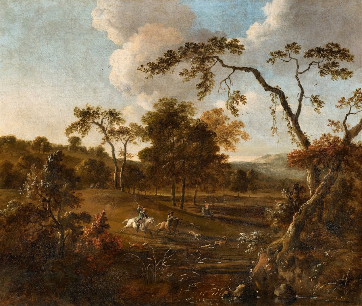 Paisagem com colinas onduladas e caça ao veado de Jan Wijnants