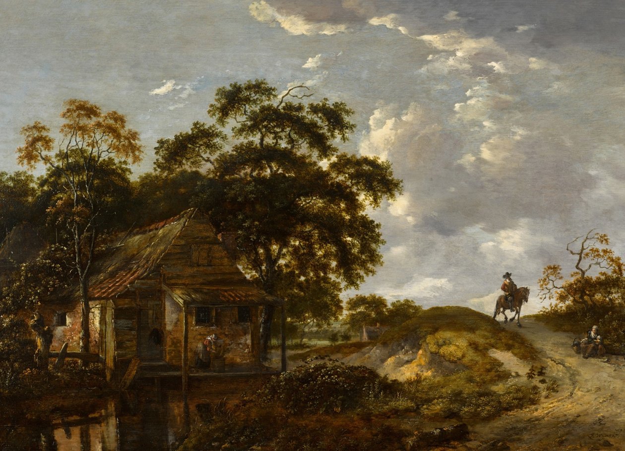 Paisagem com uma casa de campo junto a um rio e uma mulher a lavar uma panela, um cavalheiro a cavalo num caminho de Jan Wijnants