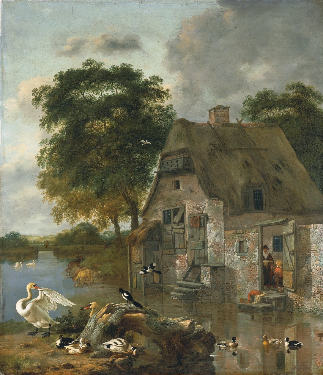Cisnes, patos e outras aves em frente de uma cabana junto à água (óleo sobre tela) de Jan Wijnants