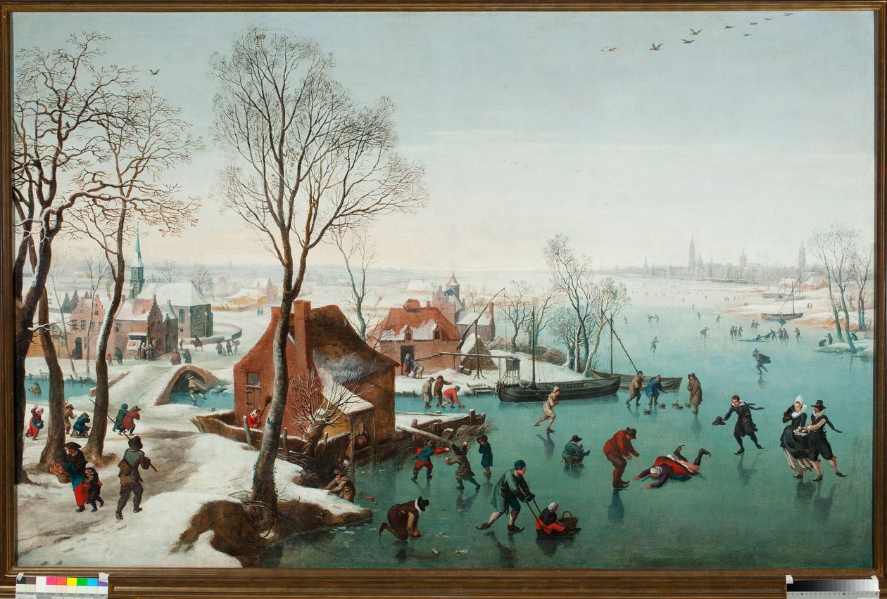 Dezembro, patinadores num lago gele (Dezembro, patinadores num lago gelado) Pintura de Jan Wildens (1586-1653) de Jan Wildens
