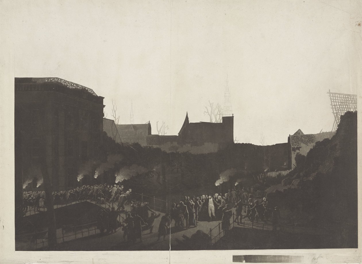 Lodewijk Napoleon visita as ruínas do Rapenburg em Leiden após a explosão do navio de pólvora em 12 de janeiro de 1807 de Jan Willem Pieneman
