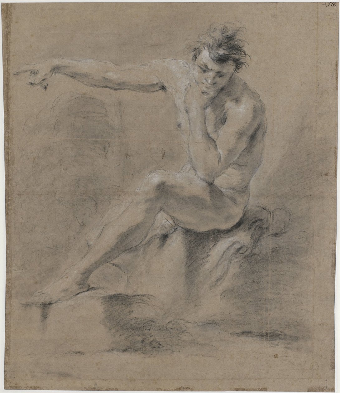 Nu masculino sentado, virado para a esquerda, braços atrás das costas de Jan Willem Pieneman