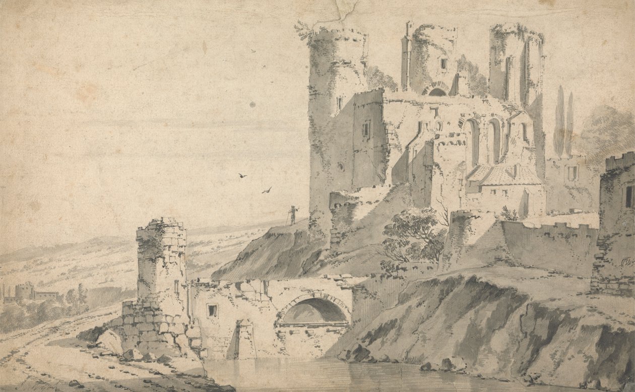 Castelo arruinado sobre um rio de Jan Wyck