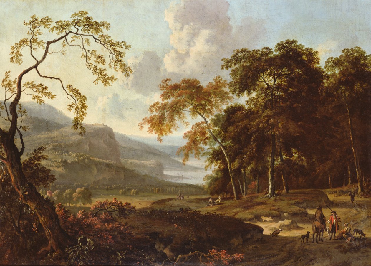 Uma Festa de Caça em Paisagem Clássica, c.1672-77 de Jan Wiynants