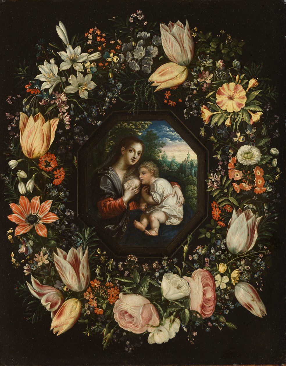 Madonna e Child em uma guirlanda de flores, c.1625 (óleo em cobre) de Jan and Balen, Hendrik van Brueghel