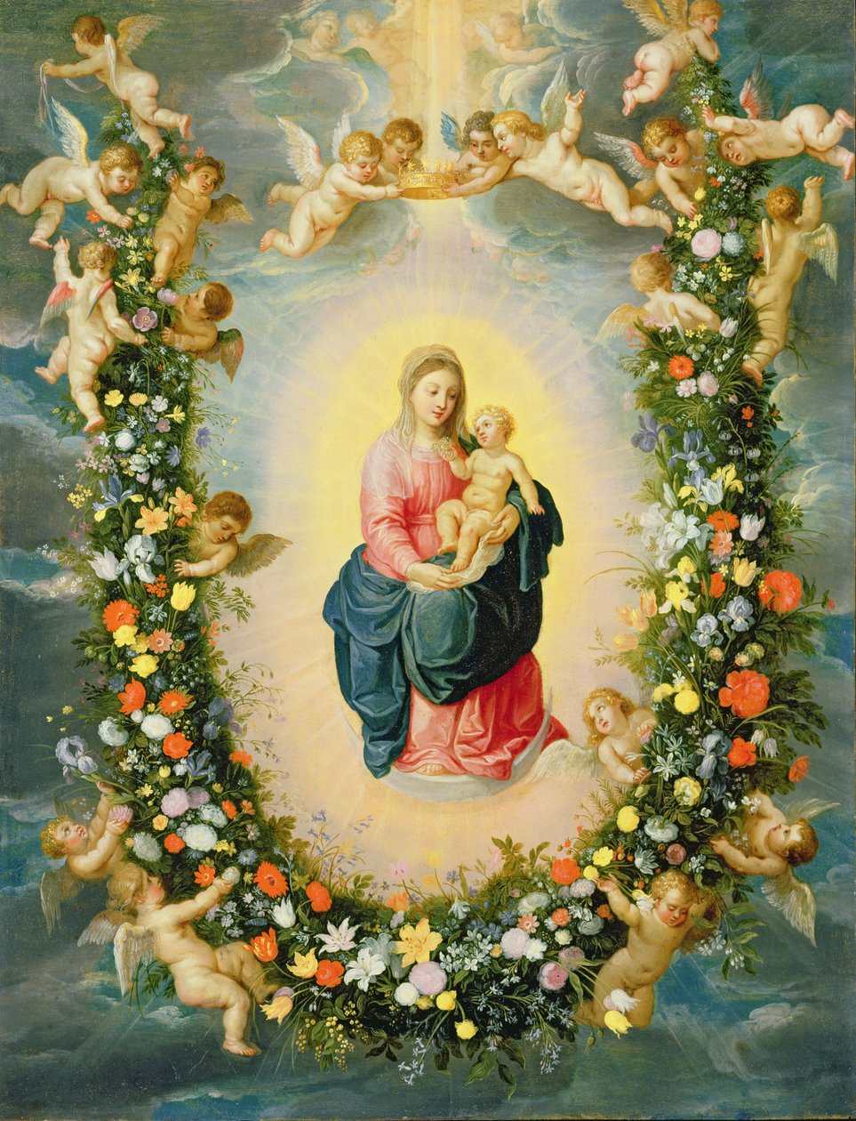A Madona e a Criança em uma Garland Floral (óleo sobre cobre) de Jan and Balen, Hendrik van Brueghel