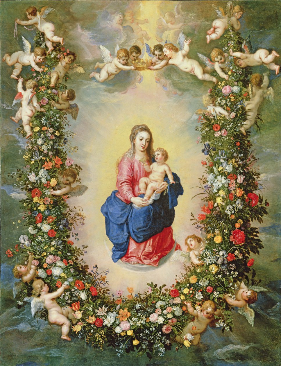 A Virgem e o Menino rodeados por uma guirlanda de flores erguida por querubins, c.1624 (óleo sobre cobre) de Jan and Balen, Hendrik van Brueghel