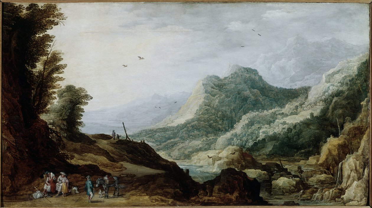 Paisagem de montanha com uma família de camponeses à beira da estrada (Pintura, ca. 1620-1630) de Jan and Momper Joos de  Brueghel