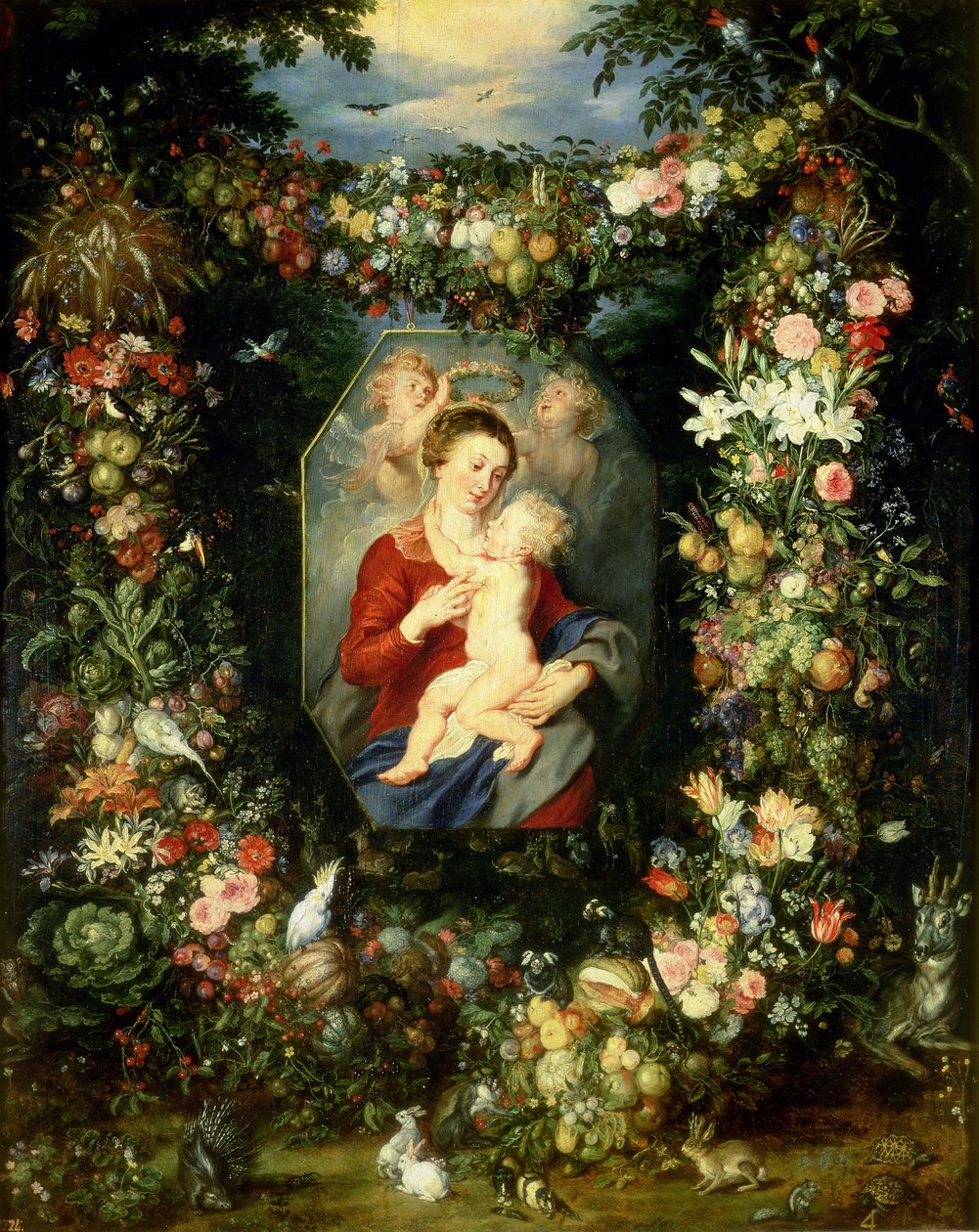 A Virgem e a criança numa guirlanda de frutas e flores, c.1614-18 de Jan and Rubens, P.P. Brueghel