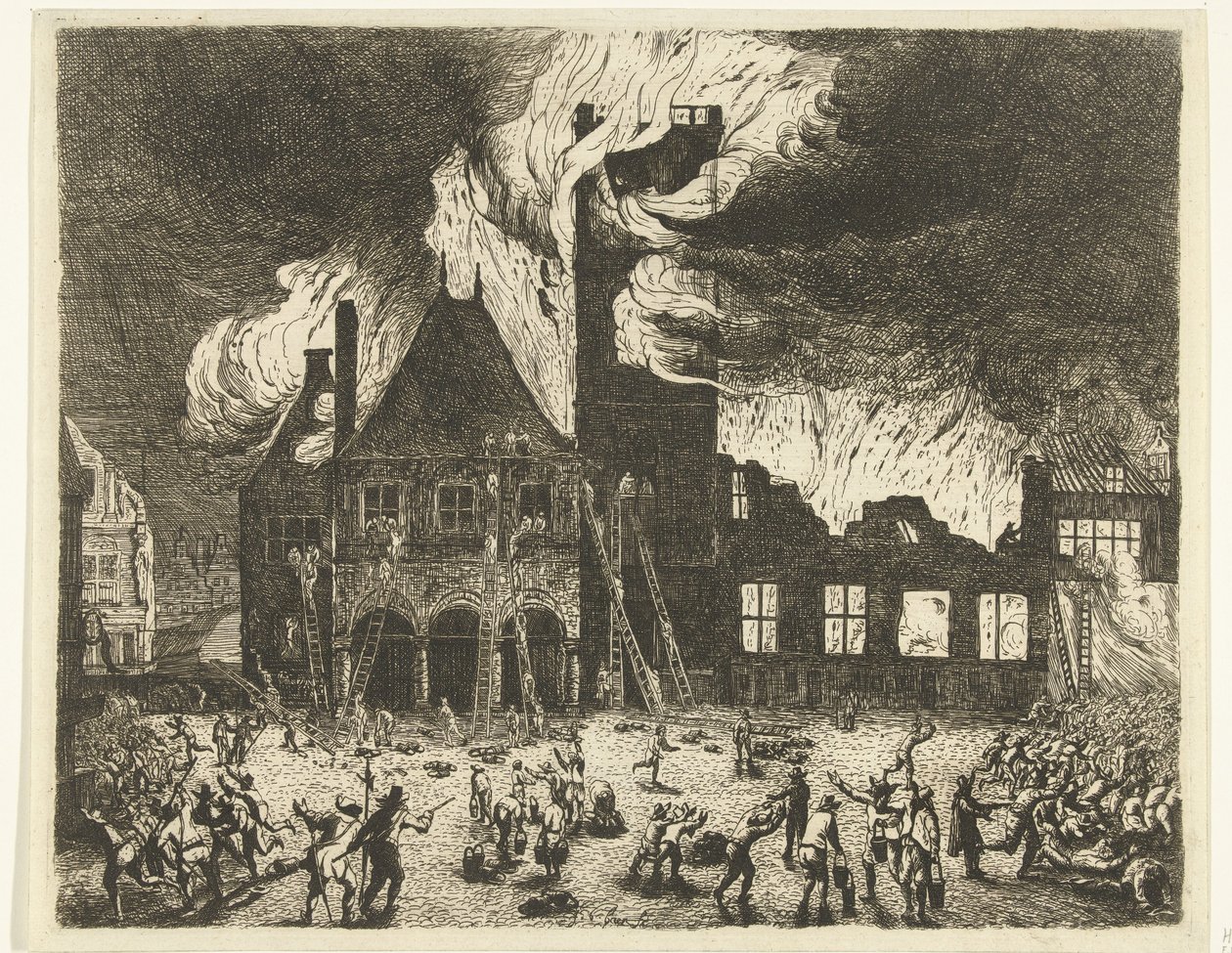 O Incêndio na Antiga Prefeitura de Amsterdã, 1652 Representação dos antigos Stadthuys queimados em Amsterdã em 7 de julho de 1652 de Jan de Baen