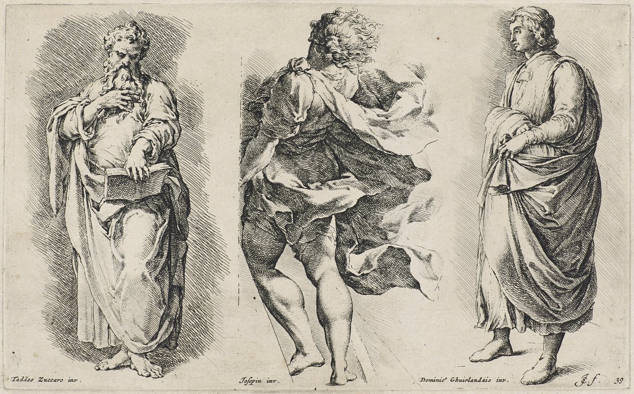 Três figuras sem título depois de Três Artistas Italianos (gravura em papel com brasão de marca de água) de Jan de Bisschop