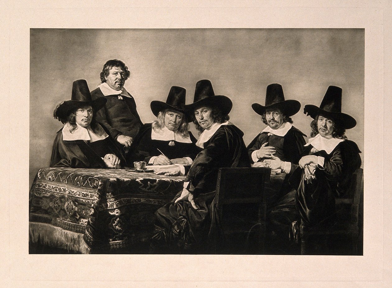 Os administradores do hospital para crianças pobres, Haarlem. Fotogravura segundo J. de Bray, 1663. de Jan de Bray