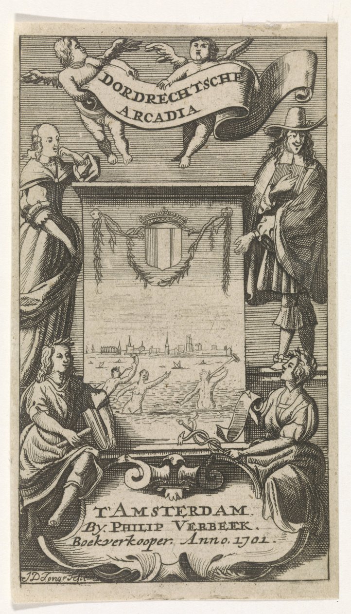 Quatro figuras à volta da moldura com vista de Dordrecht
Página de título para: Dordrecht Arcadia, 1701 de Jan de Jonge