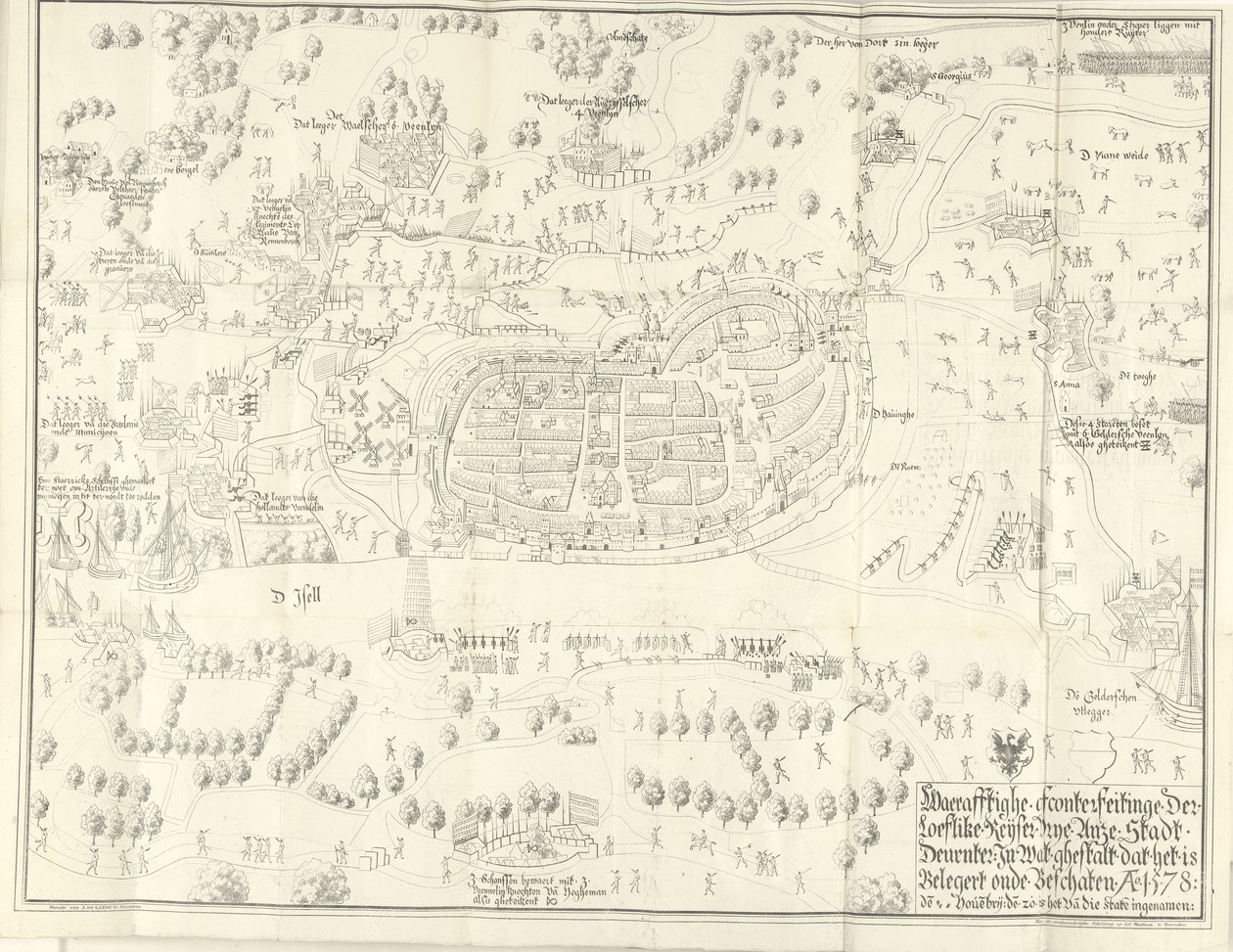 Cerco e captura de Deventer, 1578
Waerafftighe afconterfeitinge der loeflike Keyser vrye Anze Stadt Deventer In wat ghestalt dat het is Belgert onde Beschaten Ao. 1578 (título sobre o objecto) de Jan de Lange (II) (signed by artist)