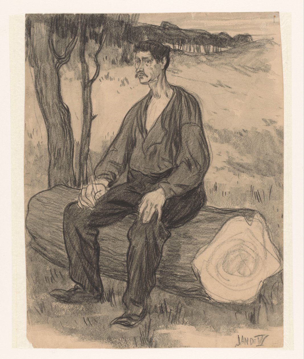 Homem sentado no tronco de árvore de Jan de Waardt (signed by artist)