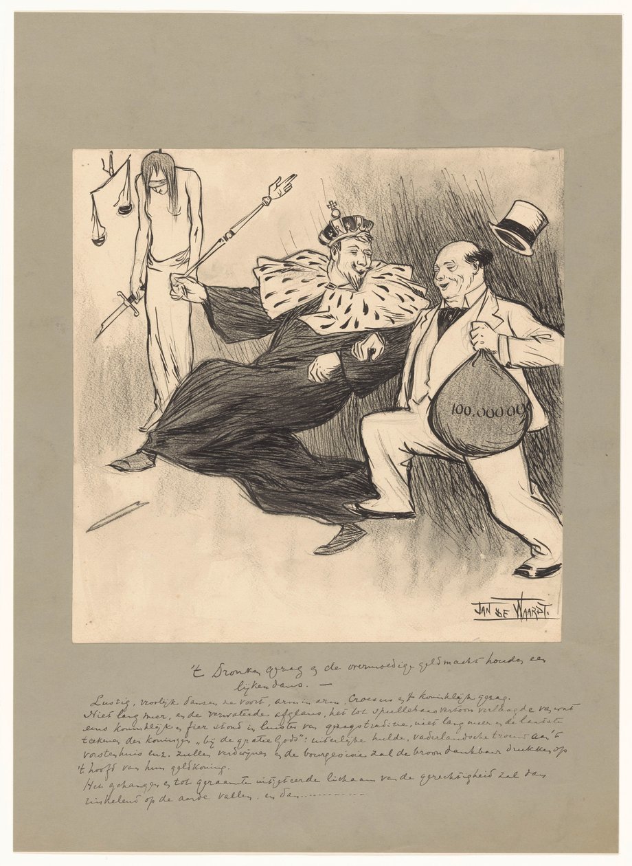 A autoridade bêbada e o poder do dinheiro excessivamente confiante executam uma dança do cadáver (título no objeto) de Jan de Waardt (signed by artist)