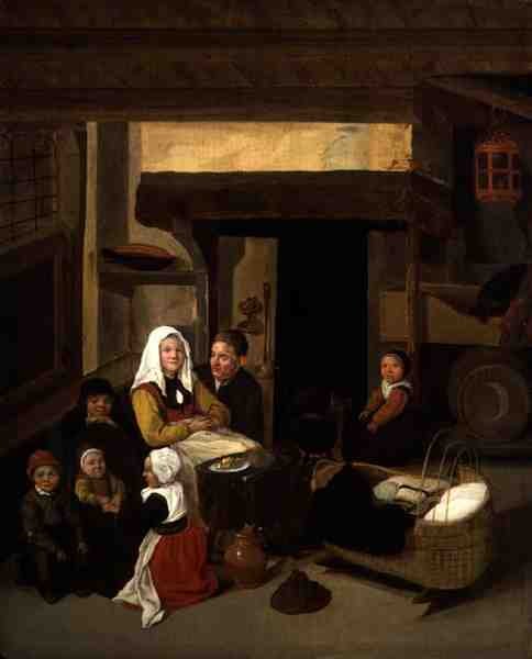 Um interior familiar em um celeiro (óleo sobre painel) de Jan or Johannes Hals
