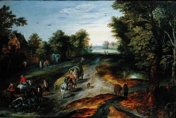 Paisagem, vila, estrada de Jan studio of Brueghel