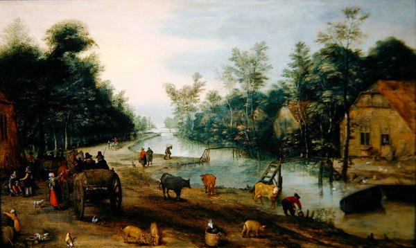 A Wooded River Landscape in Summer with Travellers Arriving at an Inn (óleo sobre painel) de Jan the Elder (circle of) Brueghel