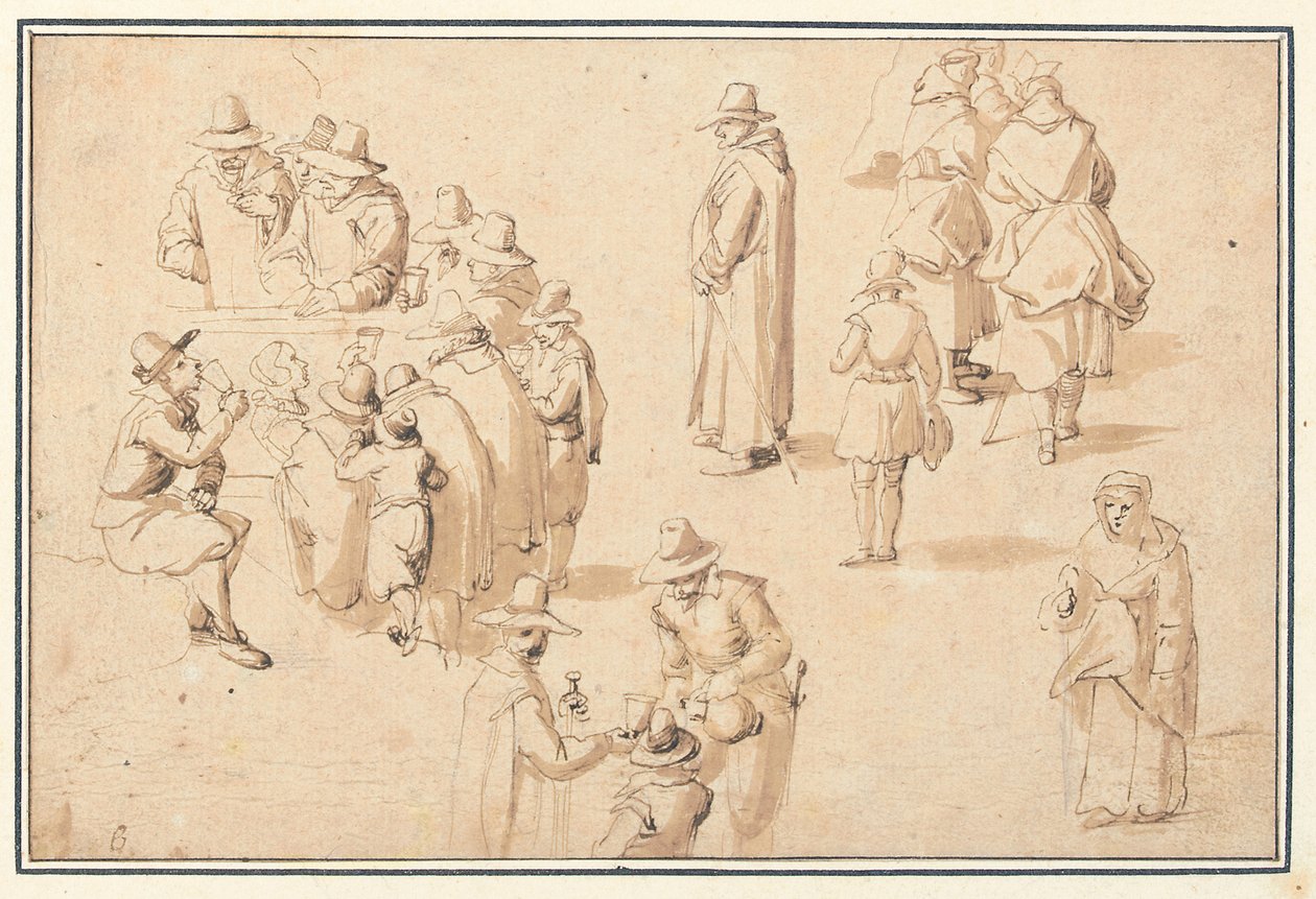 Uma fonte no Spa com estudos de figuras elegantes tomando as águas e de dois monges e um padre de Jan the Elder Brueghel