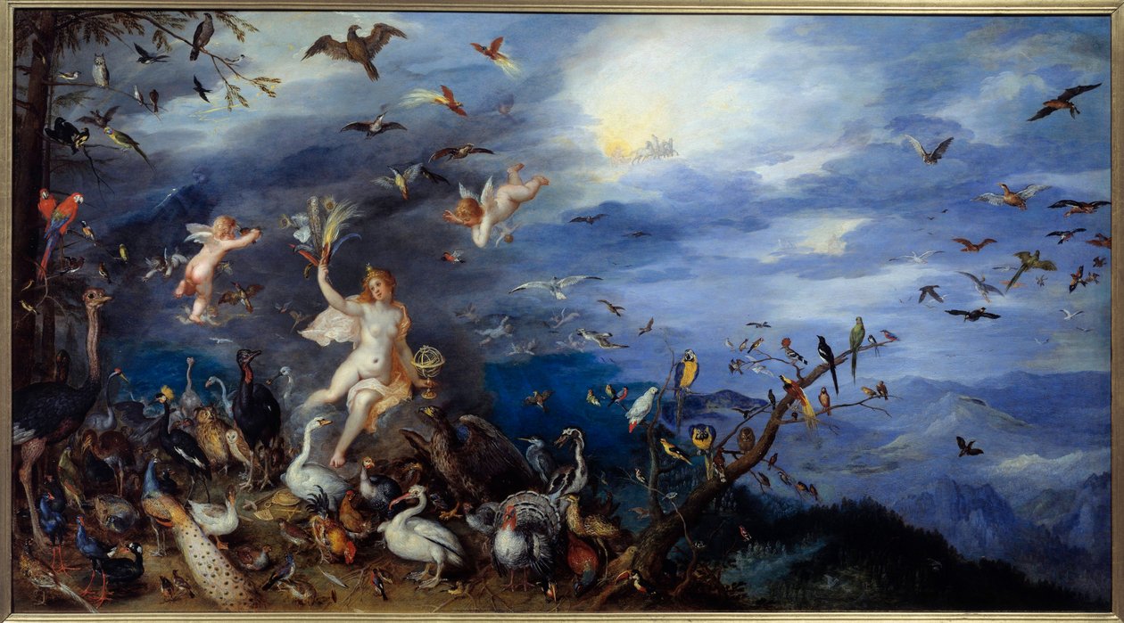 Alegoria do Ar Jovem mulher nua rodeada por todas as espécies de aves. Pintura de Jan Breugel Le Vieux chama Bruegel de Velours (Brueghel ou Breughel de Jan the Elder Brueghel