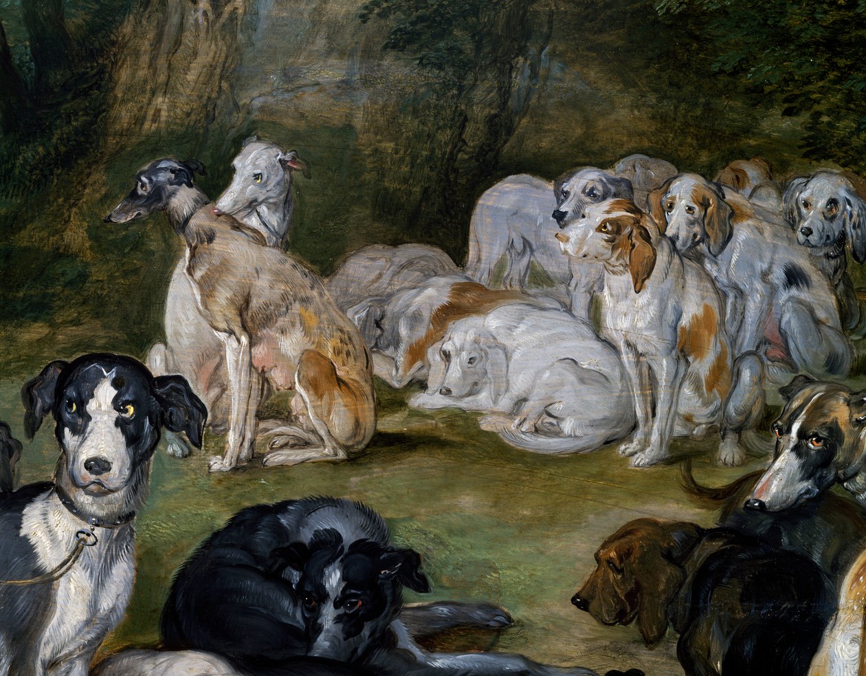 Cães, detalhe de Diana e Ninfas no ponto de partida de Jan the Elder Brueghel
