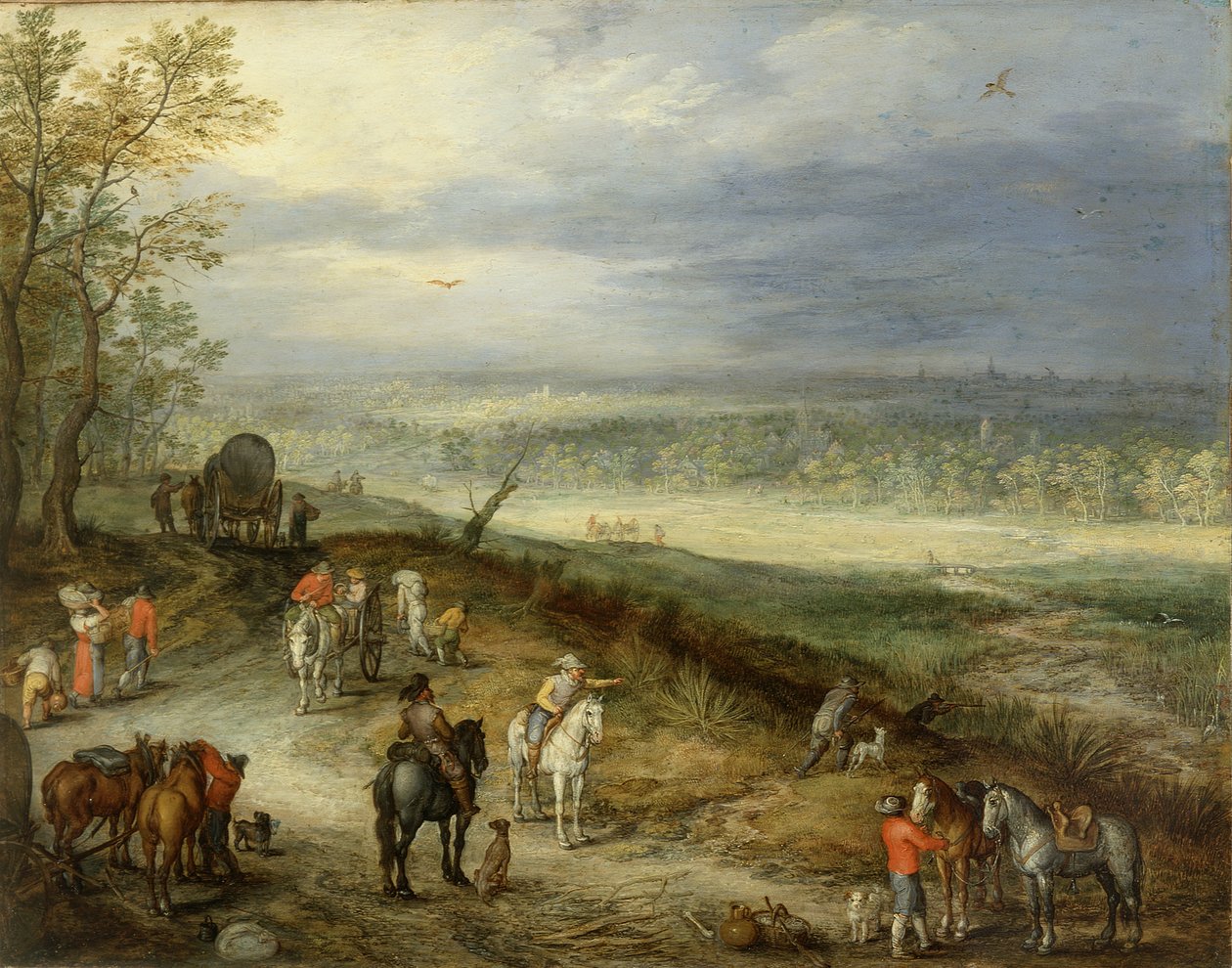 Paisagem extensa com viajantes numa estrada rural, c.1608-10 (óleo sobre cobre) de Jan the Elder Brueghel