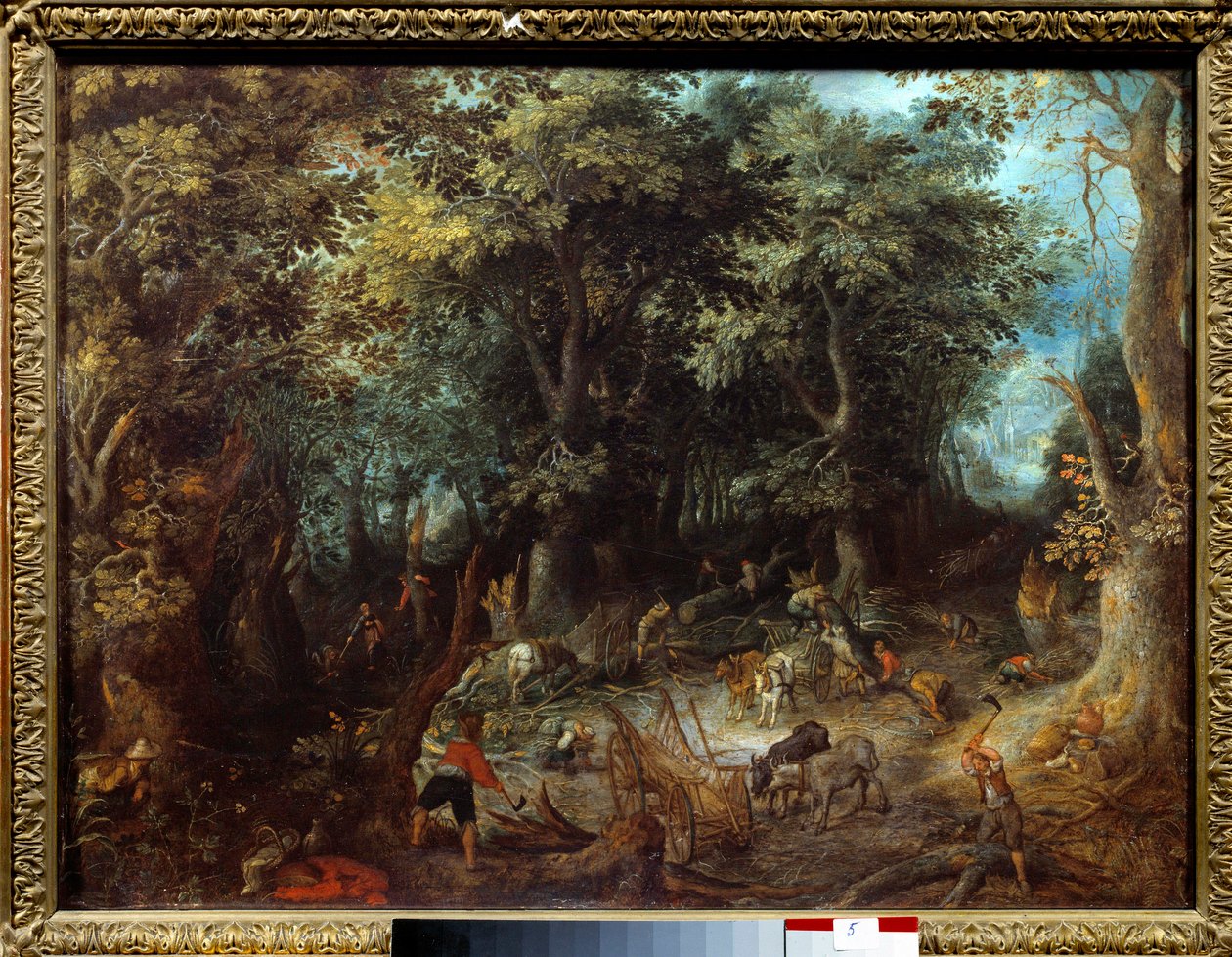 Paisagem na floresta, as vacas de madeira Pintura de Jan Bruegel (ou Breugel ou Brueghel ou Breughel) o primeiro conhecido como Bruegel de Velours (1568-1625) Toulouse do século XVII, Musee des Augustins. de Jan the Elder Brueghel