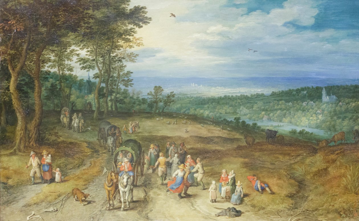 Paisagem com viajantes e camponeses num caminho de Jan the Elder Brueghel