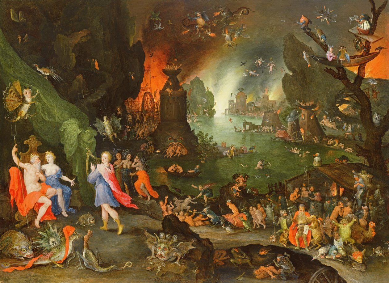 Orfeu com uma harpa tocando para Plutão e Perséfone no submundo de Jan the Elder Brueghel