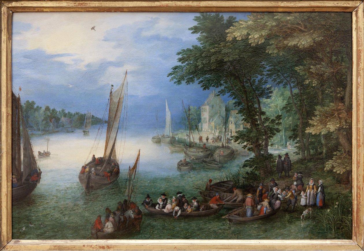 Cena do rio ou a barca, Pintura a óleo sobre cobre de Jan Brueghel, dit Brueghel de Velours (1568-1625), cerca de 1605. Dim.: 24 x 36 cm. Fotografia, KIM Youngtae, Nantes, Musee des Beaux Arts de Nantes. de Jan the Elder Brueghel