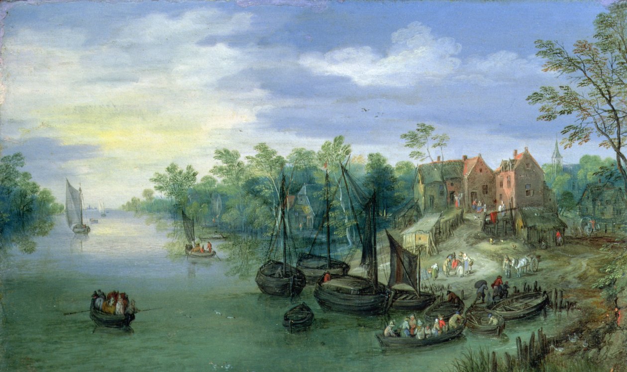 Rivercraft perto de um píer, 1597 de Jan the Elder Brueghel