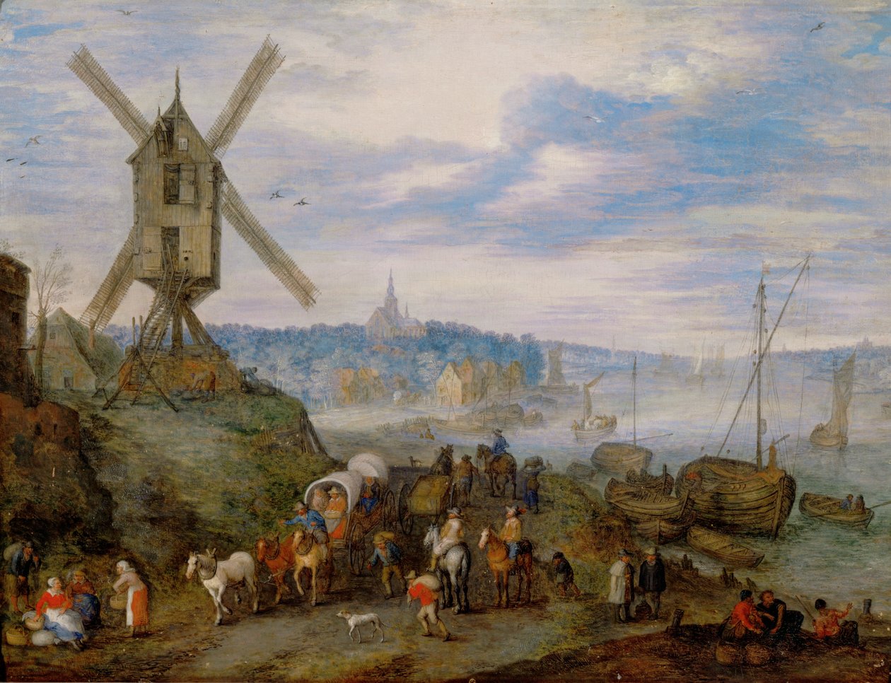 Porto marítimo com moinho de vento ... de Jan the Elder Brueghel