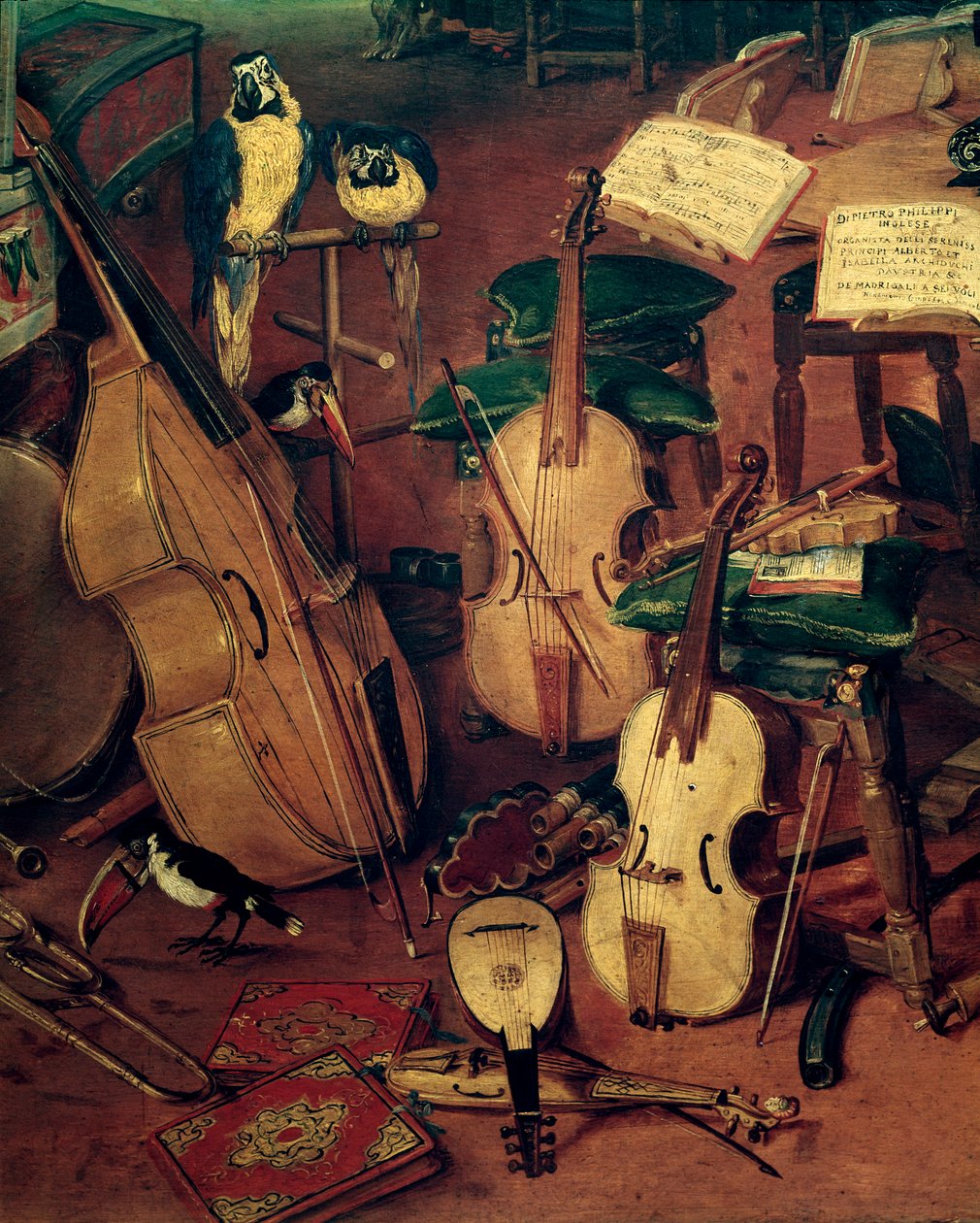 Cordas e papagaios, detalhe da Alegoria dos cinco sentidos (Pintura de Jan the Elder Brueghel