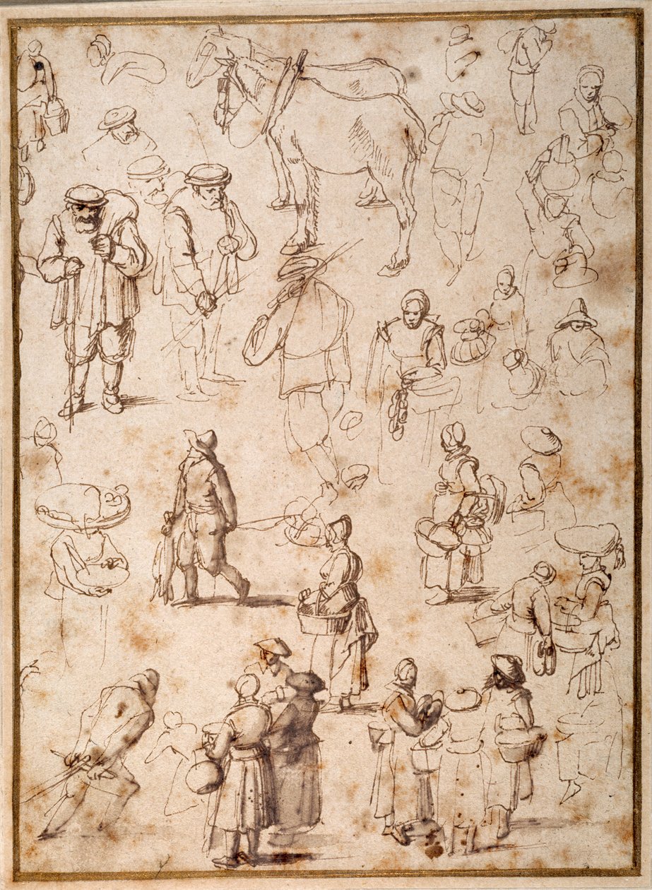 Estudos de Camponeses da Vida (caneta e tinta com lavagem em papel) de Jan the Elder Brueghel