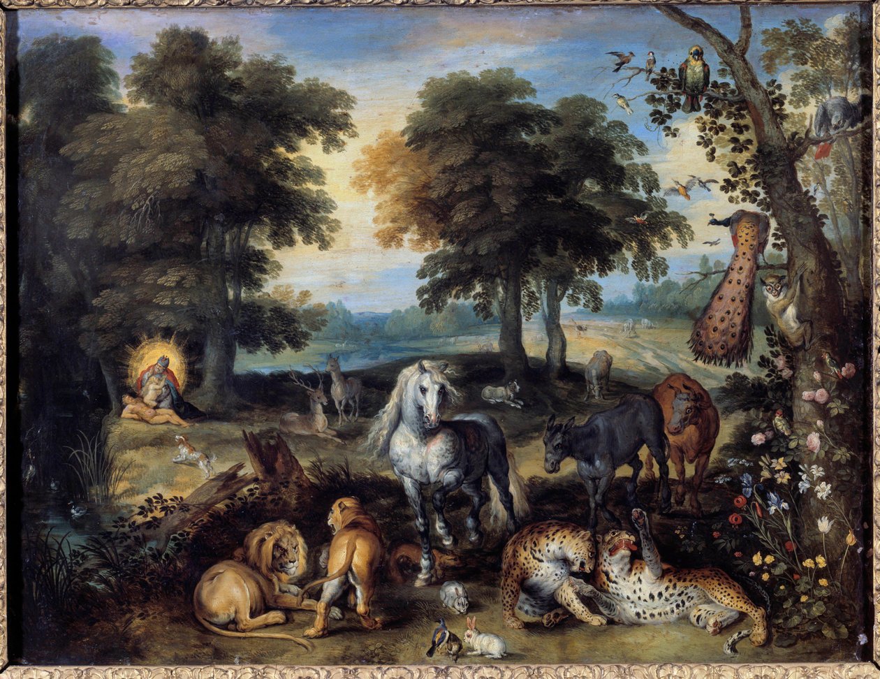 O Paraíso Terrestre Diferentes animais coabitando no Jardim do Éden, no fundo à esquerda, Deus cria Eva a partir de um lado de Adão. Pintura de Jan Bruegel (ou Breugel ou Brueghel ou Breughel) o primeiro conhecido como Bruegel de Velours (1568-1625) 17º cê de Jan the Elder Brueghel