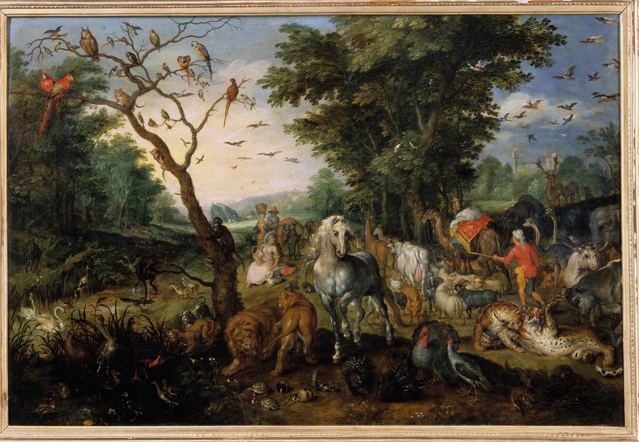 O embarque de animais na Arca de Noé Pintura de Jan Bruegel (ou Breugel ou Brueghel ou Breughel) o primeiro conhecido como Bruegel de Velours (1568-1625) Século XVII Orleans, Musee des Beaux Arts - A entrada dos animais na Arca de Noé. Pintura de Jan de Jan the Elder Brueghel