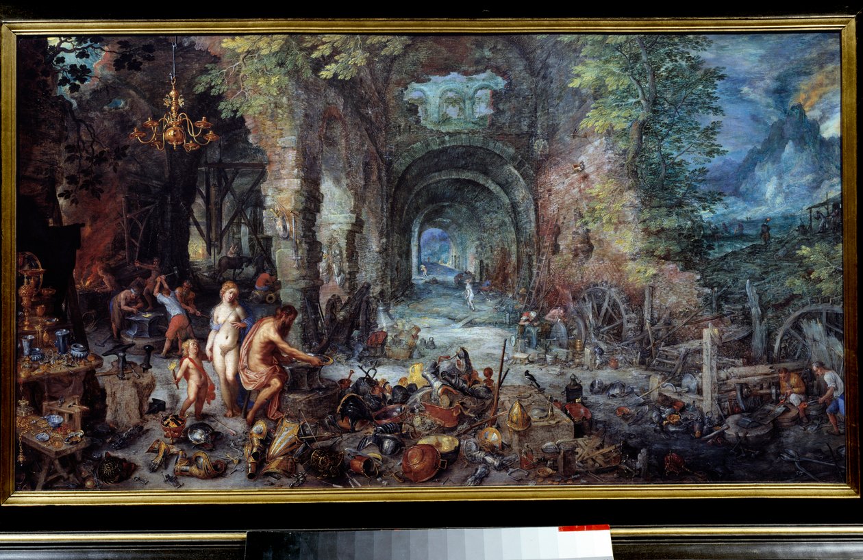 Os quatro elementos: "O Fogo" Alegoria. Venha e Vulcano no ferreiro, fazendo armas para o seu filho Enee. À sua volta ferreiros e ourives trabalham em armaduras, armas, vasos, jóias, copos, pratos e caldeirões. Pintura de Jan Breugel Le V de Jan the Elder Brueghel