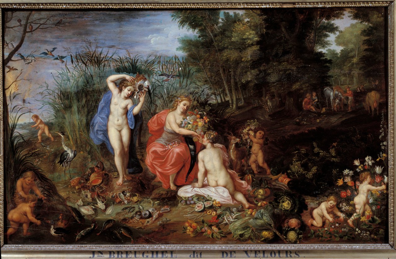 Os quatro elementos Três graças representadas numa paisagem florestal, com legumes (couve, abóbora, alcachofra, cenoura, pimento) frutas (ameixas, romãs, pêssegos) peixes, mariscos. Pintura de Jan Breugel Le Vieux chama Bruegel de Velours (Brueghel o de Jan the Elder Brueghel