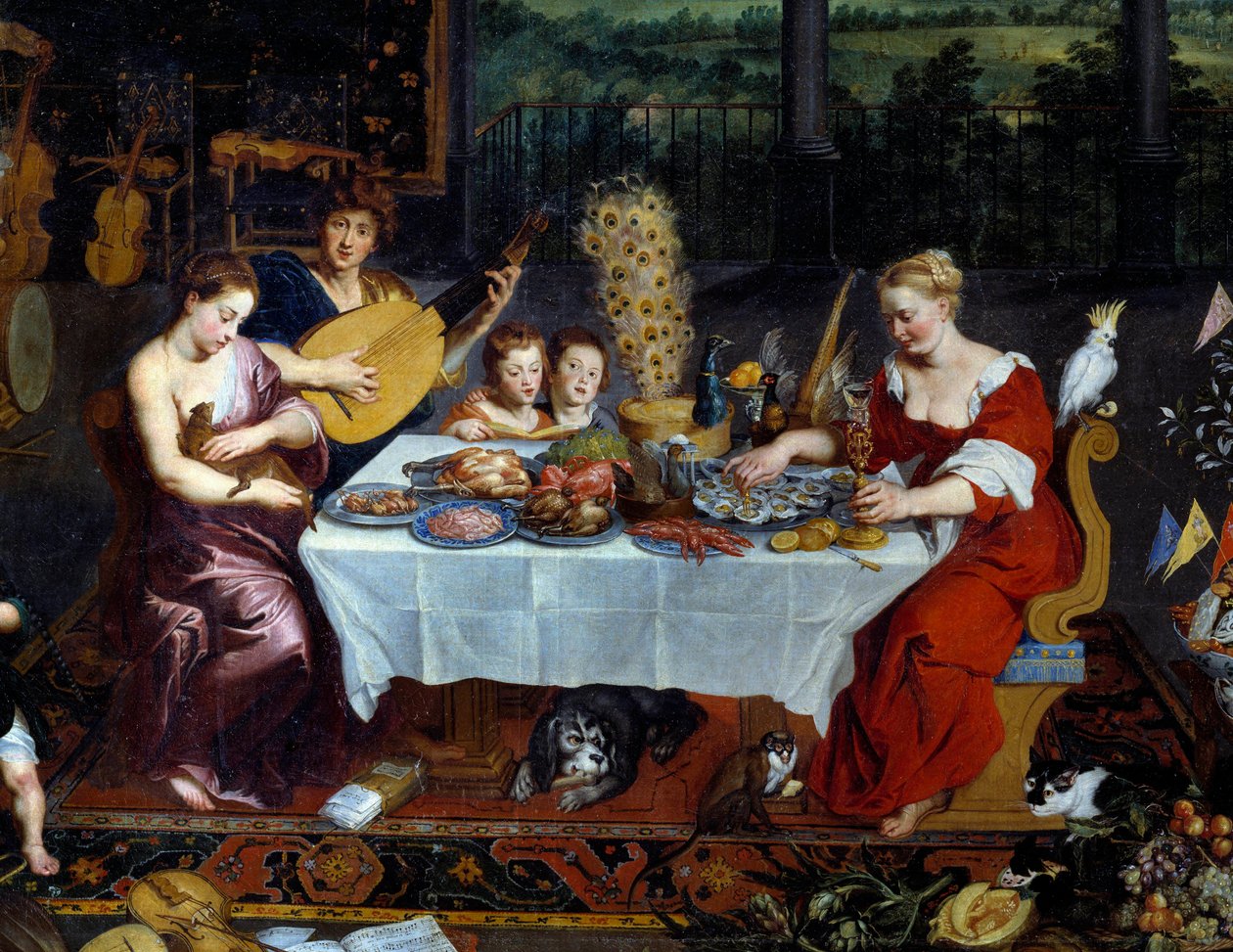 O sabor. Detalhe representando uma refeição de frutos do mar, aves na presença de músicos. Pintura de Jan Breugel Le Vieux chama Bruegel de Velours (Brueghel ou Breughel de Jan the Elder Brueghel