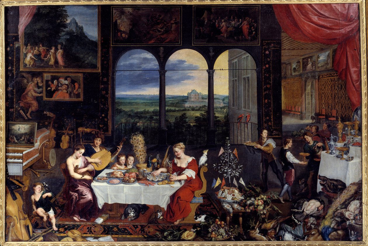 O gosto, a audição e o toque. A alegoria dos cinco sentidos A refeição de uma família rica: aves e frutos do mar (incluindo ostras) compõem o menu do banquete. Pintura de Jan I Brueghel Dit De Velours (1568-1625) Ec. Flam de Jan the Elder Brueghel