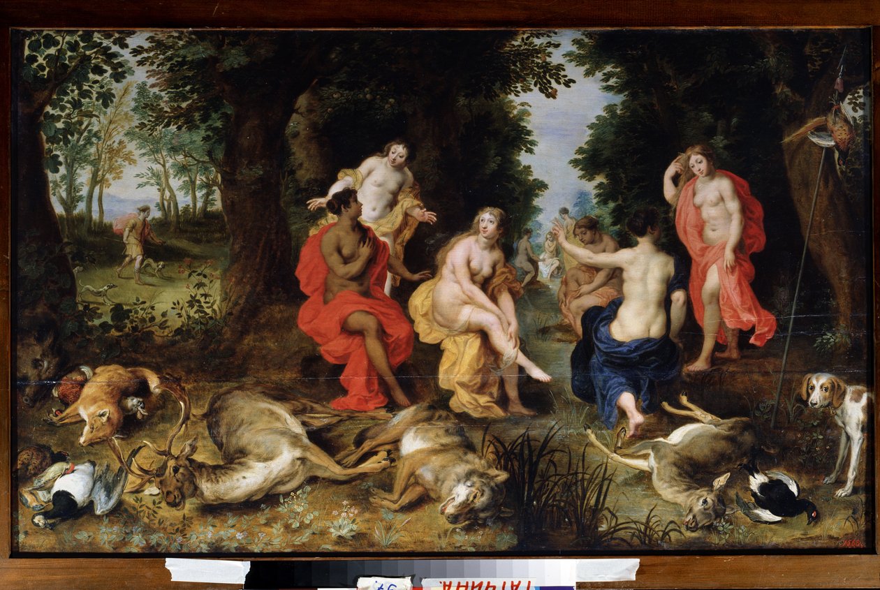 O Descanso de Diana na Caça Os animais (lobo, veado, raposa) mortos pela deusa da caça jazem no chão, enquanto ela descansa cercada por ninfas. Pintura de Jan Breugel, o Velho, chamada Bruegel de Velours (Br. de Jan the Elder Brueghel