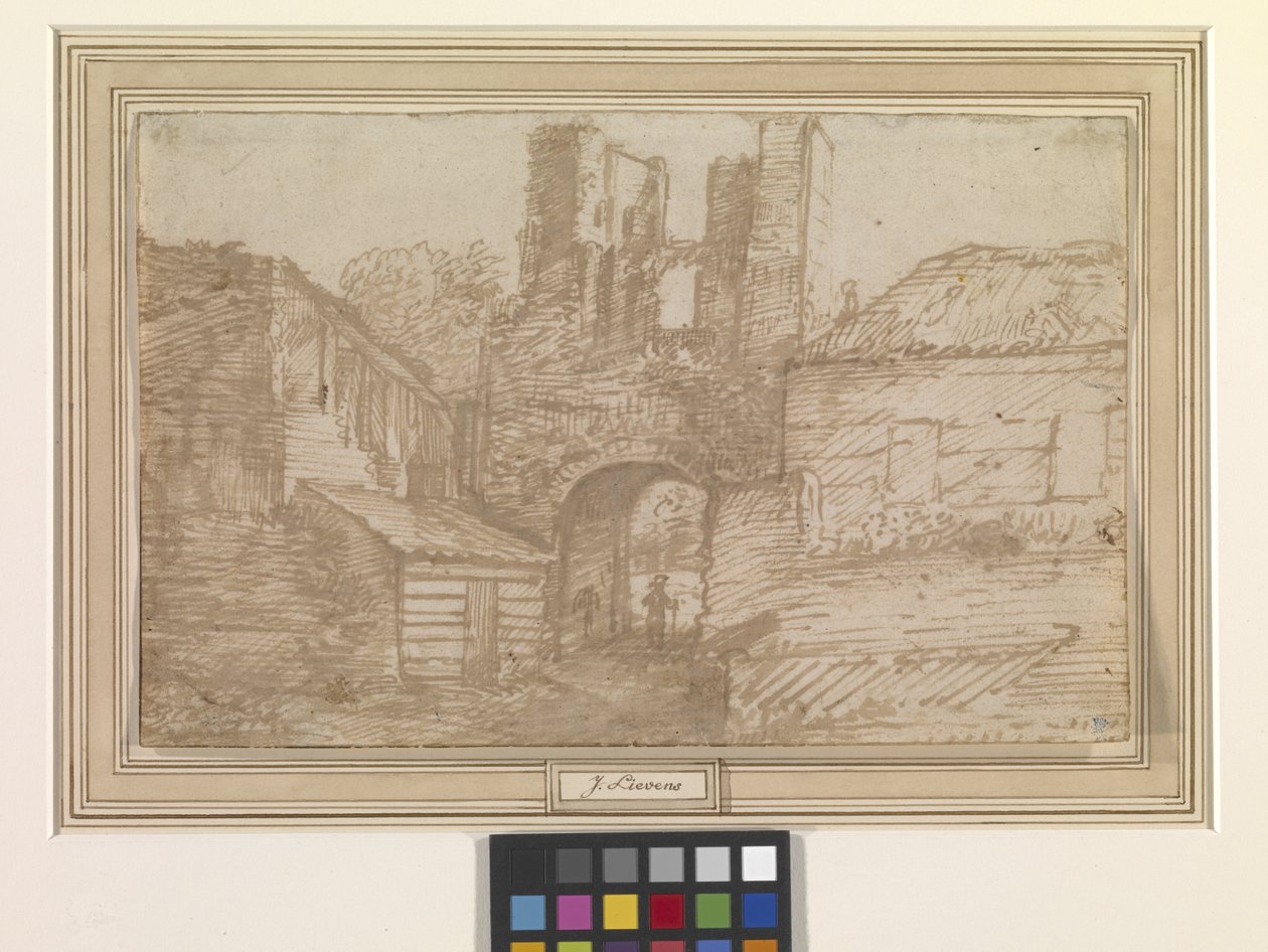 The Outer Gate Of The Ruins Of The Brederode Castle (caneta e tinta castanha em papel branco) de Jan the Elder Lievens