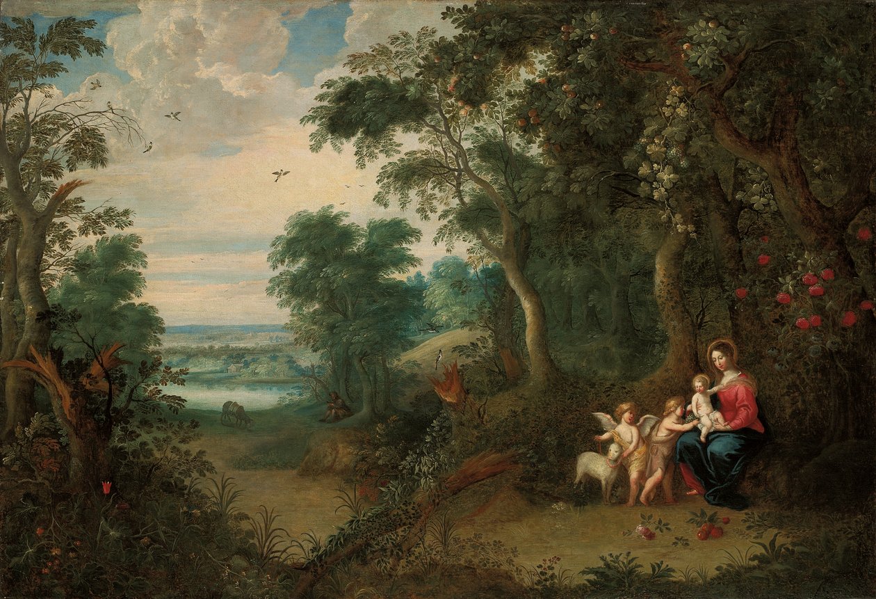 Uma paisagem arborizada com a Virgem e o Menino, a criança São João Batista e um anjo de Jan Brueghel the Younger