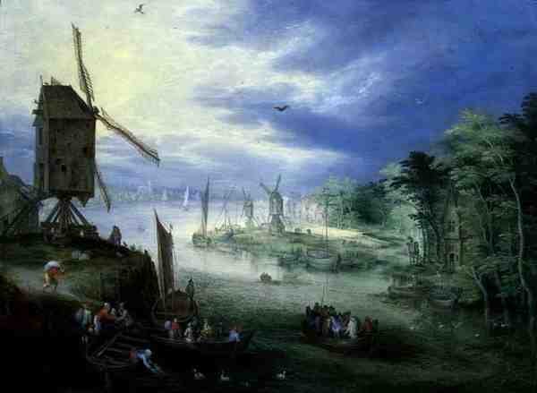 Paisagem do rio com moinhos de vento (óleo sobre painel) de Jan the Younger Brueghel