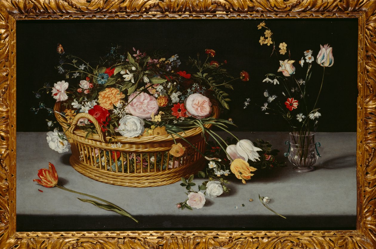Natureza morta com cesto e vaso de flores (óleo sobre tela) de Jan the Younger Brueghel
