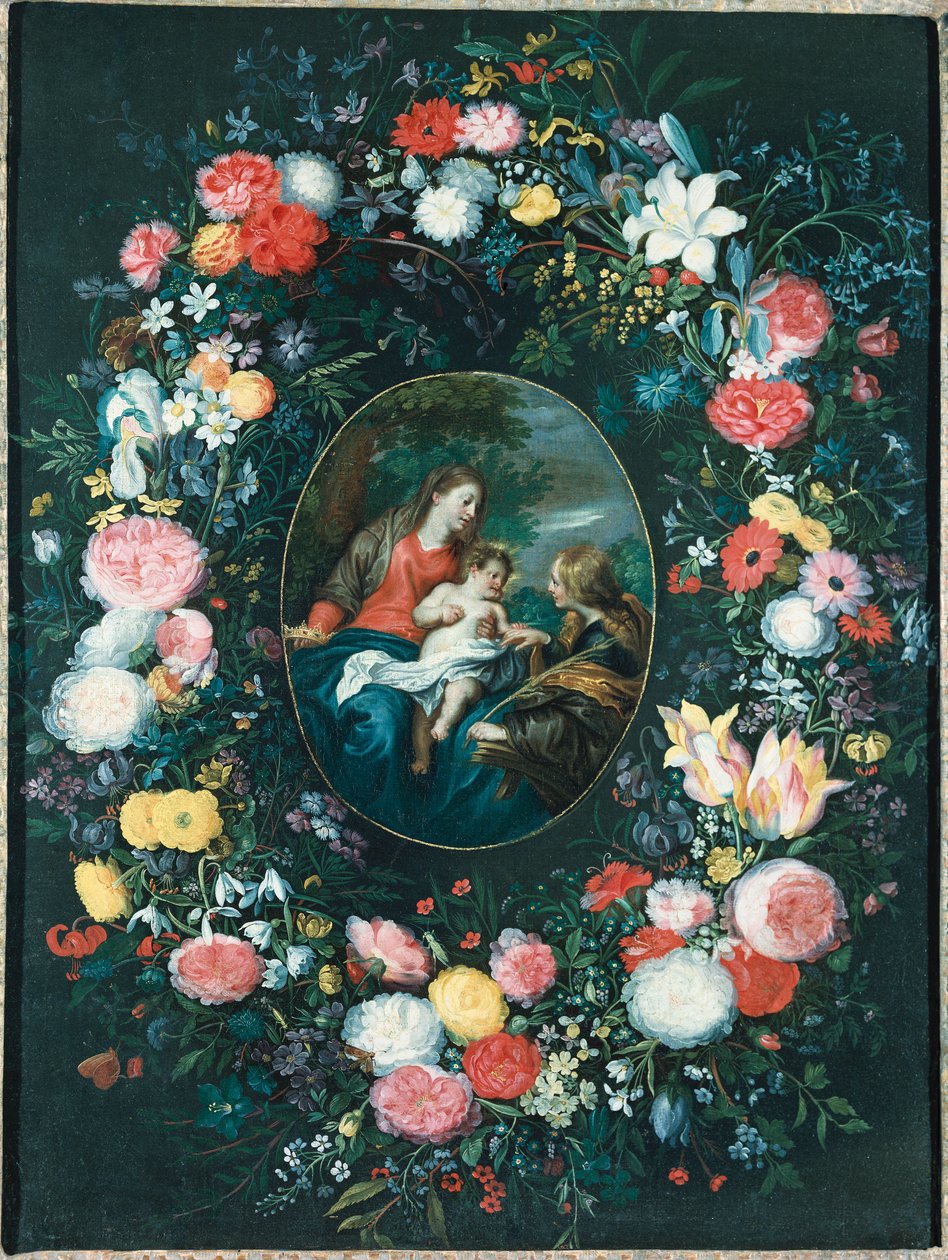 O casamento místico de Santa Catarina em uma paisagem, cercado por uma guirlanda de flores de Jan Brueghel the Younger