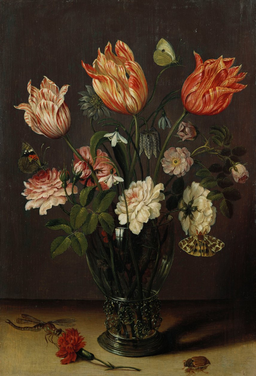 Tulipas com outras flores em um copo sobre uma mesa de Jan Brueghel the Younger