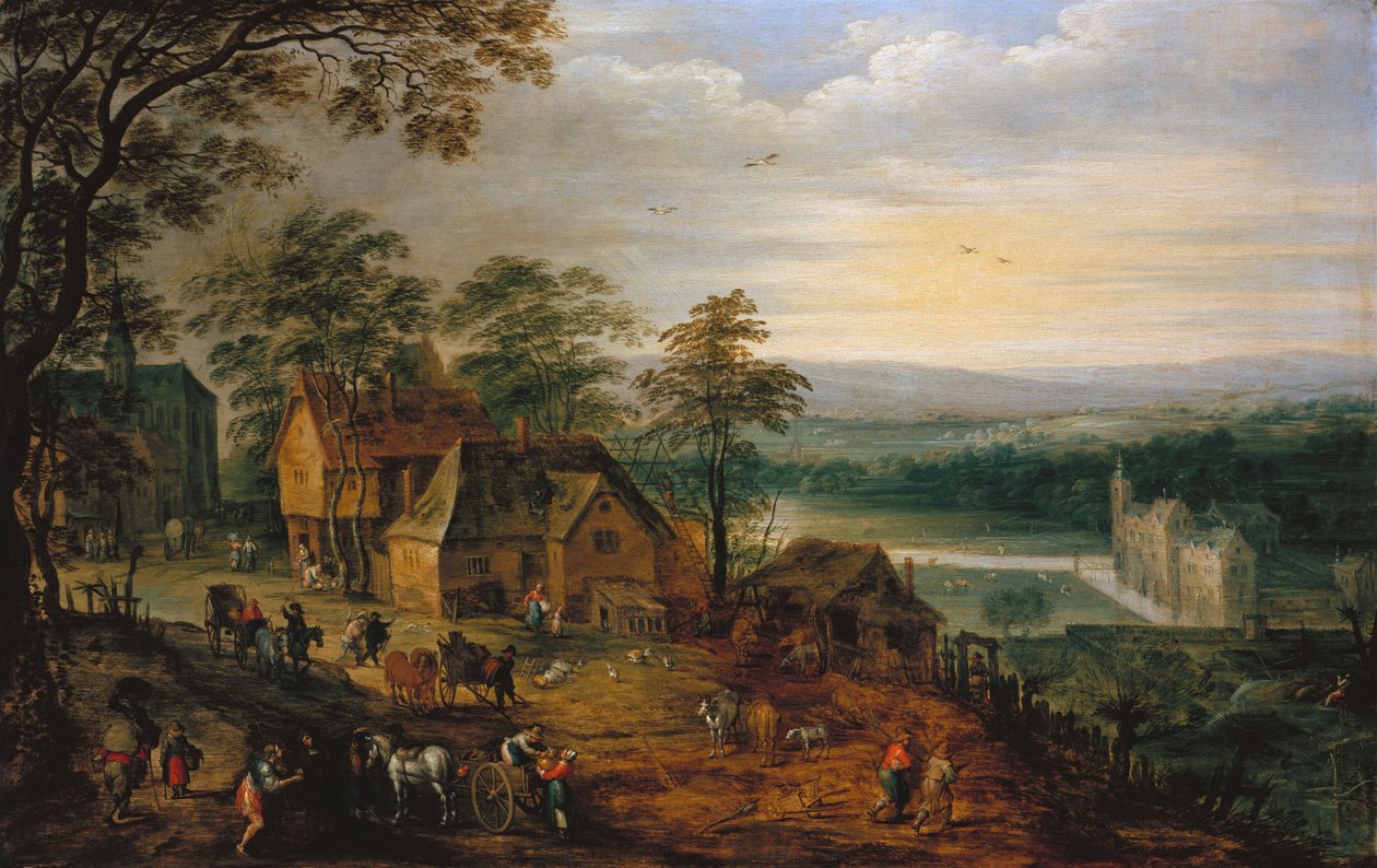 Village Street com figuras e carrinhos, um castelo no fundo de Jan Brueghel the Younger